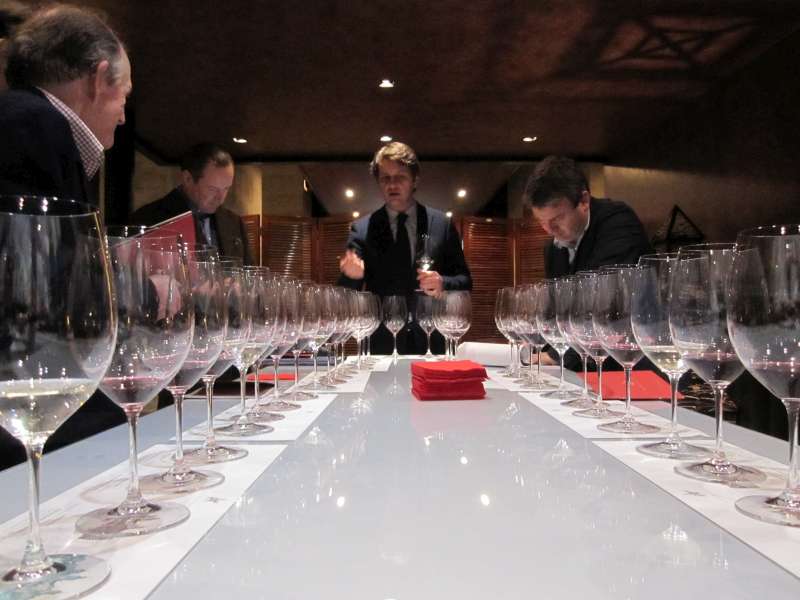 Derek Smedley, Tom Hudson, and Stephen Browett tasting 2014 Cos dEstournel with Aymeric de Gironde